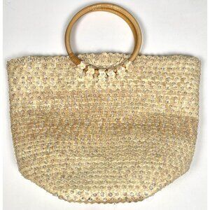 ARTLINES Womens 15"x11"x6" Straw Wicker HANDBAG Purse Wooden Handles Sequins EUC